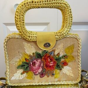 Vtg Handcrafted needlepoint Floral Beaded raffia frame made in Japan